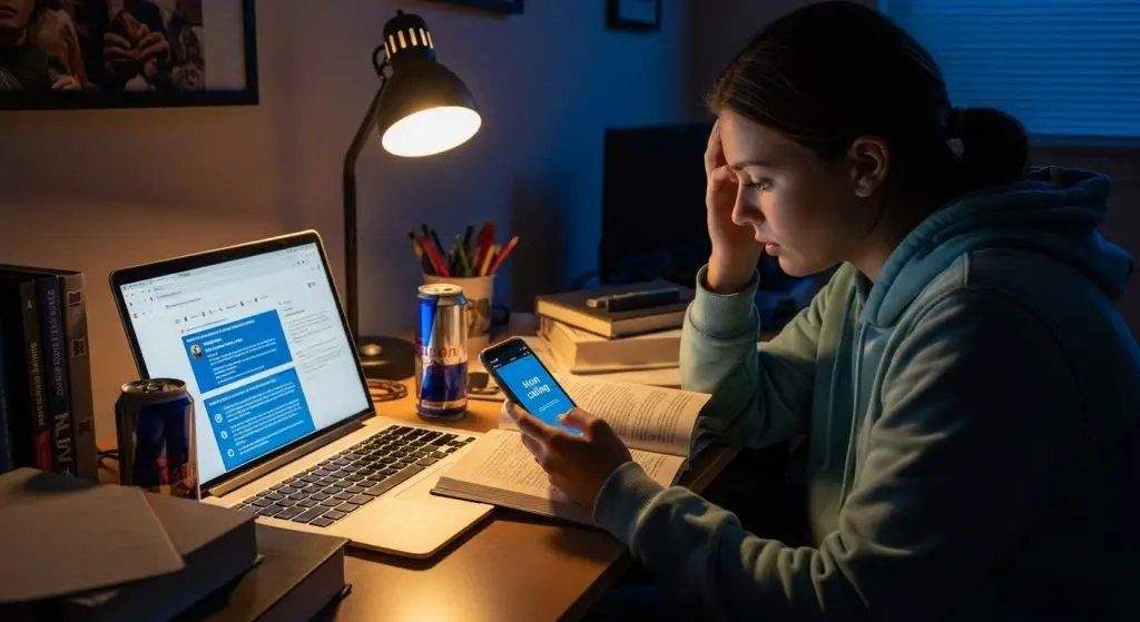 College student looking concerned at late-night phone call from 'Mom' while researching cybersecurity on laptop at cluttered dorm desk