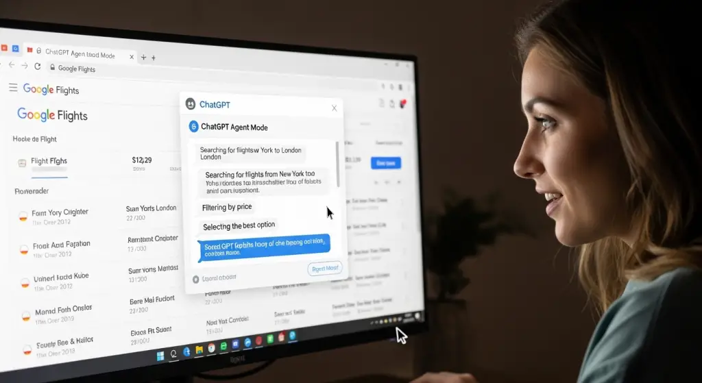 Screenshot of ChatGPT Agent Mode browser window booking a flight on Google Flights while the user watches