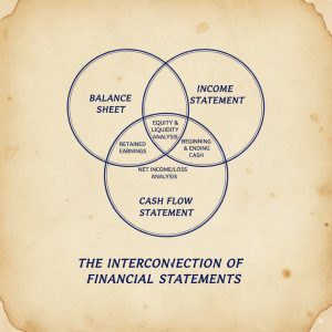 Venn diagram showing the correlation between the three financial statements: the income statement, balance sheet, and cash flow statement, key to integrated financial analysis.