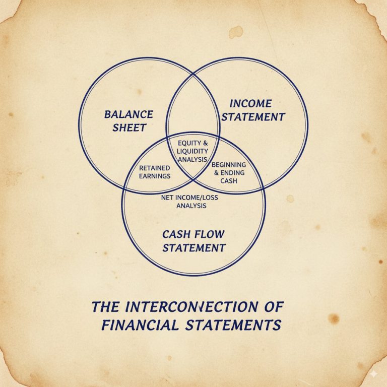 Venn diagram showing the correlation between the three financial statements: the income statement, balance sheet, and cash flow statement, key to integrated financial analysis.